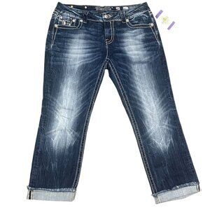 Miss Me Womens 30 Mid-Rise Easy Cropped Jeans Cuffed Embellished JE8085EC